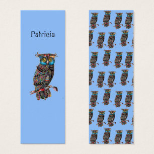Cartes De Visite Chouettes colorées sur signet monogramme bleu