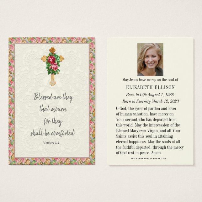 Cartes De Visite Christian Funeral Memorial Prayer Roses  (Devant & derrière)