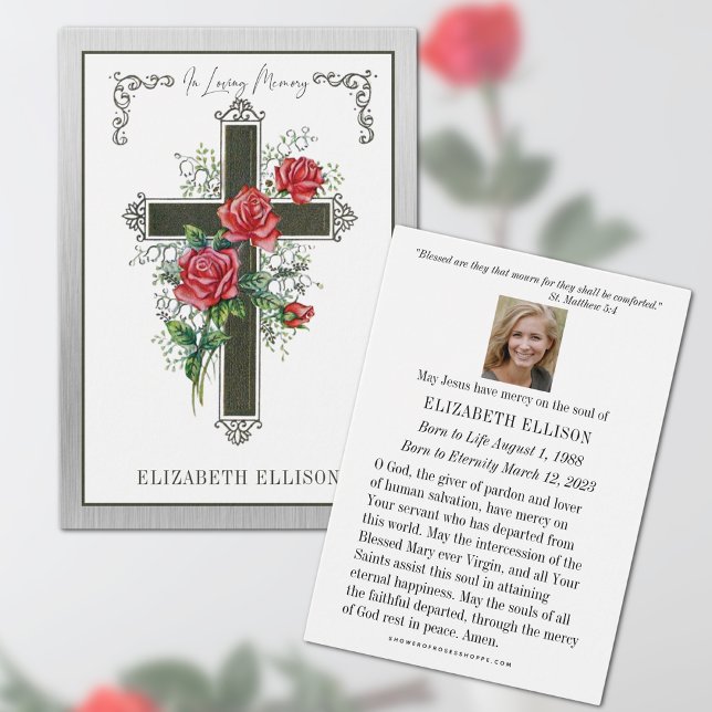 Cartes De Visite Christian Funeral Memorial Prayer Roses  (Traditional Catholic Funeral Memorial Prayer Card)