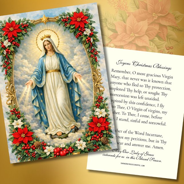Cartes De Visite Christmas Virgin Mary Memorare Prayer Poinsettia (Créateur téléchargé)