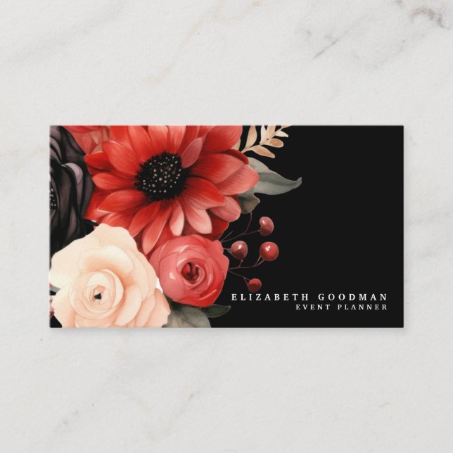 Cartes de visite classiques rouges florales noires (Devant)