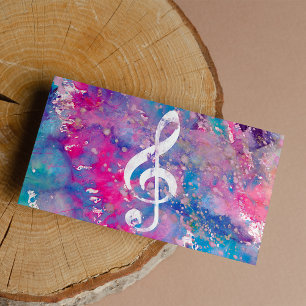 Cartes De Visite Clef triple d'aquarelle de peinture de note bleue