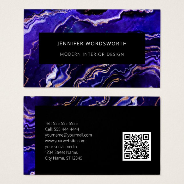 Cartes De Visite Code QR moderne Professional Purple Black Geode (Devant & derrière)