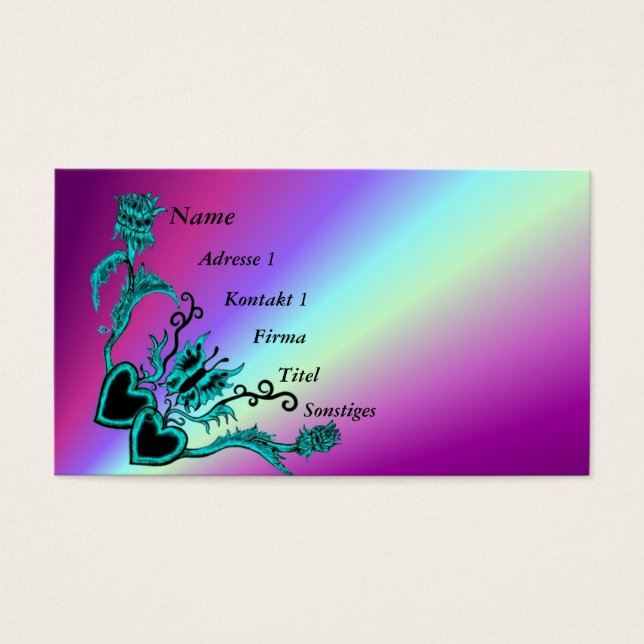 Cartes De Visite Coeur avec Fleur et Papillon sur Arc-en-ciel (Devant)