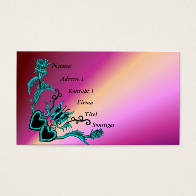 Cartes De Visite Coeur avec Fleur et Papillon sur Arc-en-ciel (Devant)