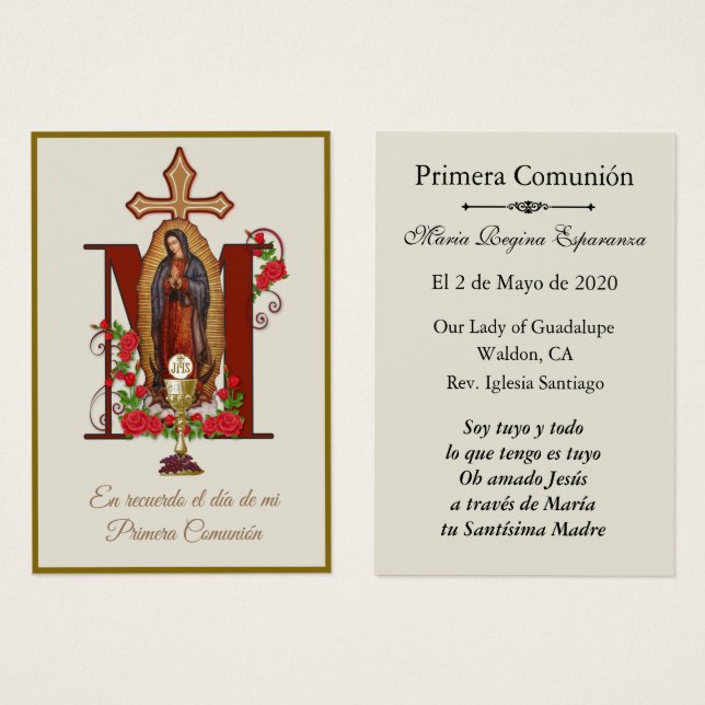 Cartes De Visite Communion religieuse catholique de Guadalupe (Devant & derrière)