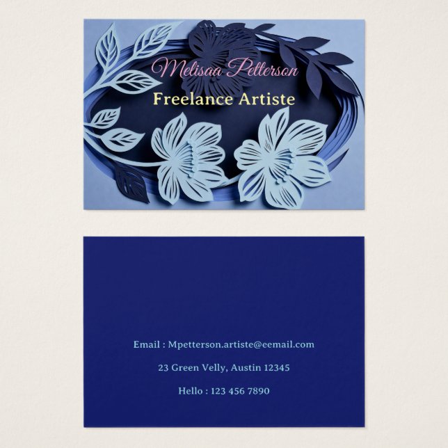Cartes De Visite Conception florale bleue élégante (Devant & derrière)