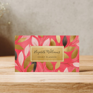 Cartes De Visite Coral Pink Gold Leaves Botanical Business Cards