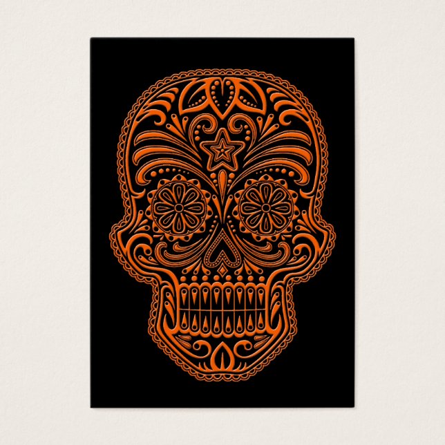 Cartes De Visite Crâne de sucre orange complexe sur noir (Devant)