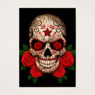 Cartes De Visite Crâne foncé de sucre avec les roses rouges