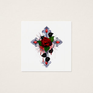 Cartes De Visite Croix d'argent avec une rose rouge