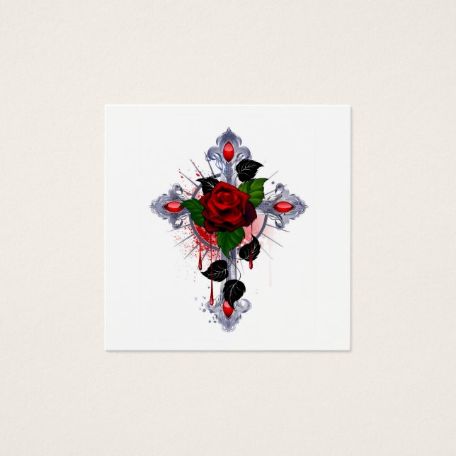 Cartes De Visite Croix d'argent avec une rose rouge (Devant)