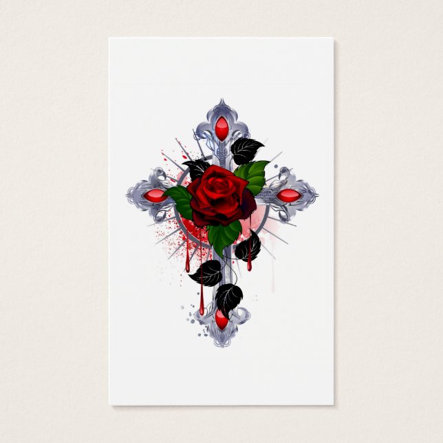 Cartes De Visite Croix d'argent avec une rose rouge (Devant)