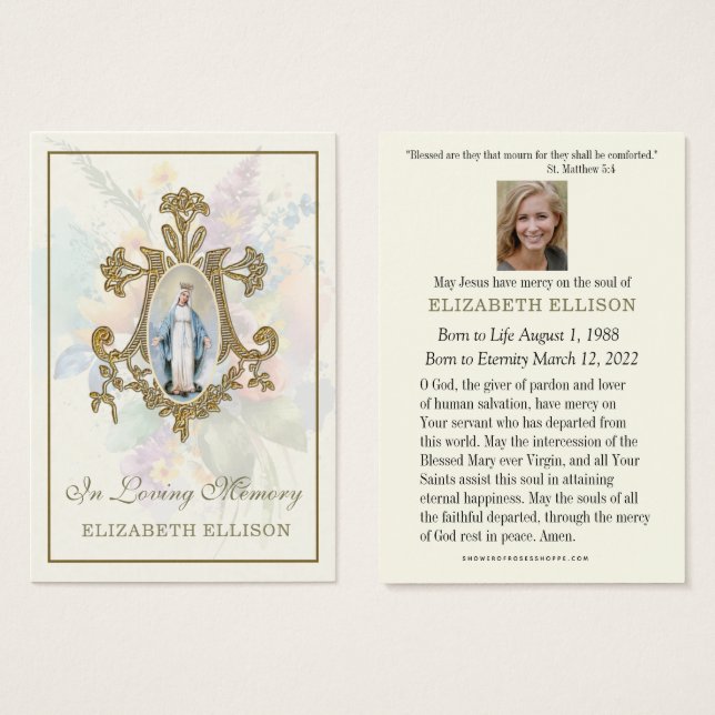 Cartes De Visite Croix mariale florale Vierge Marie Prière funérair (Devant & derrière)