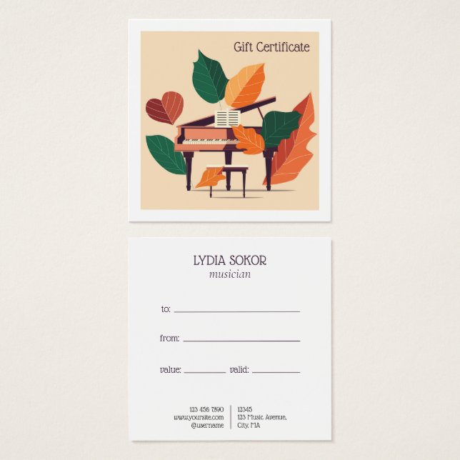 Cartes De Visite Custom Piano Music Lessons Gift Certificate (Devant & derrière)