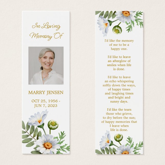 Cartes De Visite Daisy Photo Funeral Memorial Bookmark (Devant & derrière)