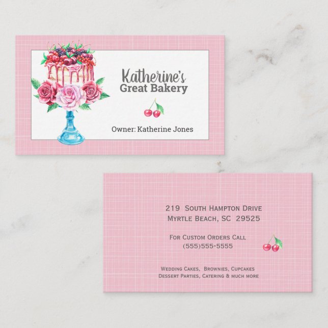 Cartes de visite de boulangerie Floral Cake Stand (Devant / Derrière)