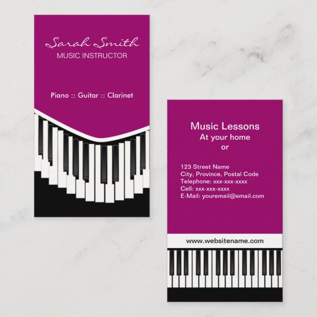 Cartes de visite de Fuschia de musique de piano (Devant / Derrière)