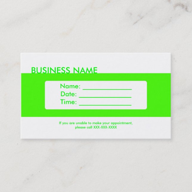 Cartes de visite de rendez-vous simple néon vert (Devant)