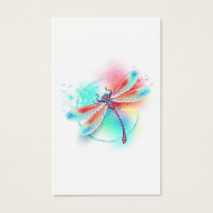 Cartes De Visite Dragonfly rouge sur l'arrière - plan aquarelle
