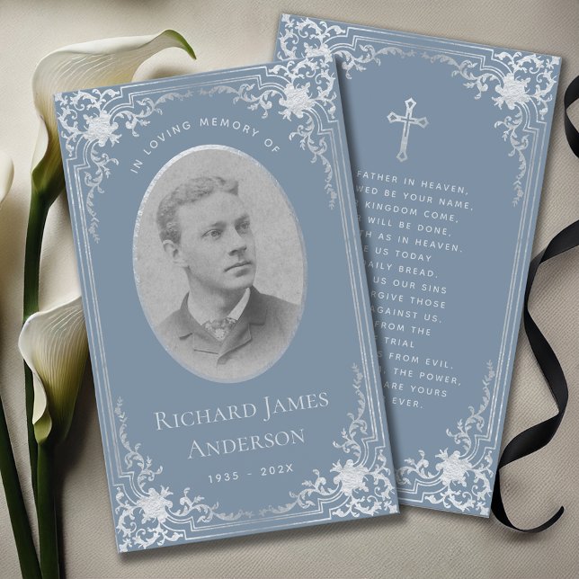 Cartes De Visite Dusty Blue Elegant Funeral Memorial Prayer Card (Créateur téléchargé)