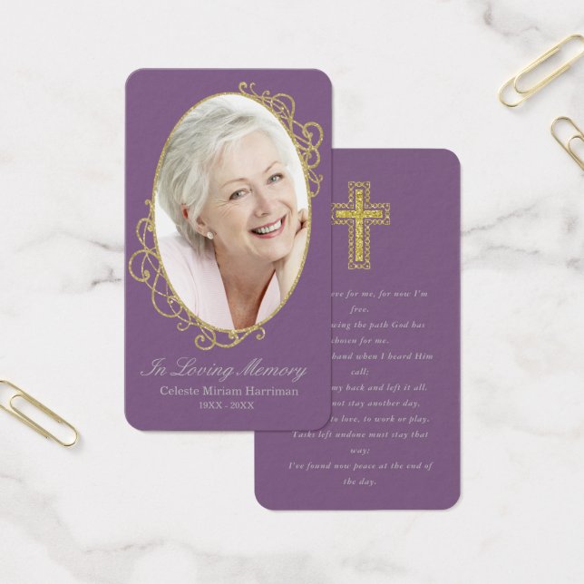 Cartes De Visite Dusty Purple Gold Photo Funeral Prayer Card (Bureau)