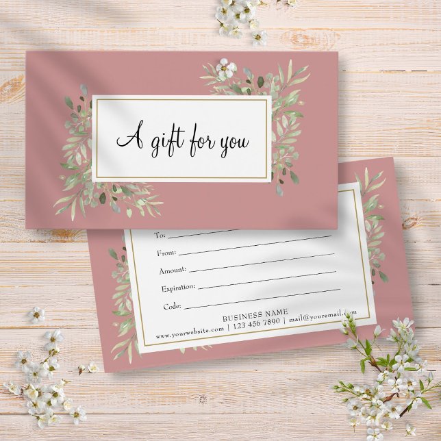 Cartes De Visite Dusty Rose Gold Greenery Certificat cadeau d'entre (Dusty Rose Gold Greenery Business Gift Certificate)