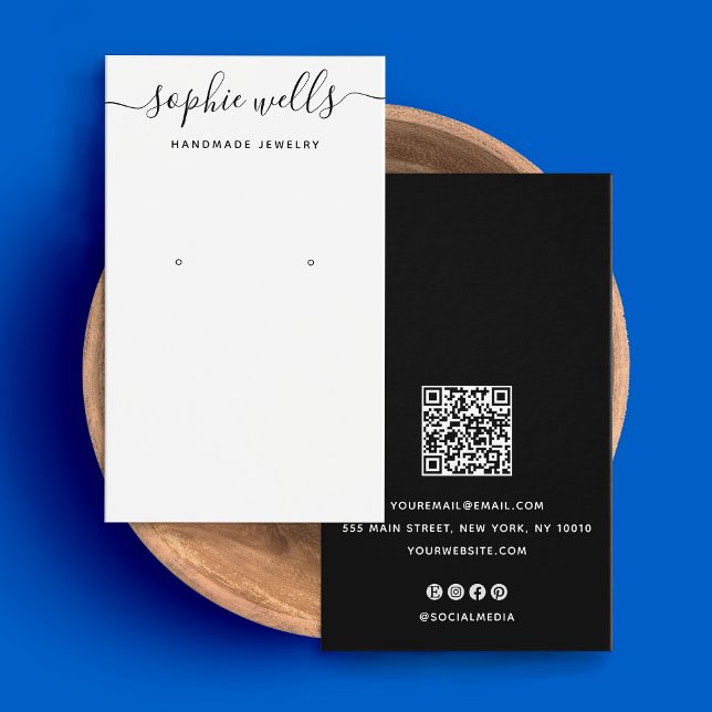 Cartes De Visite Écran d'oreille de code QR de script noir blanc (Créateur téléchargé)