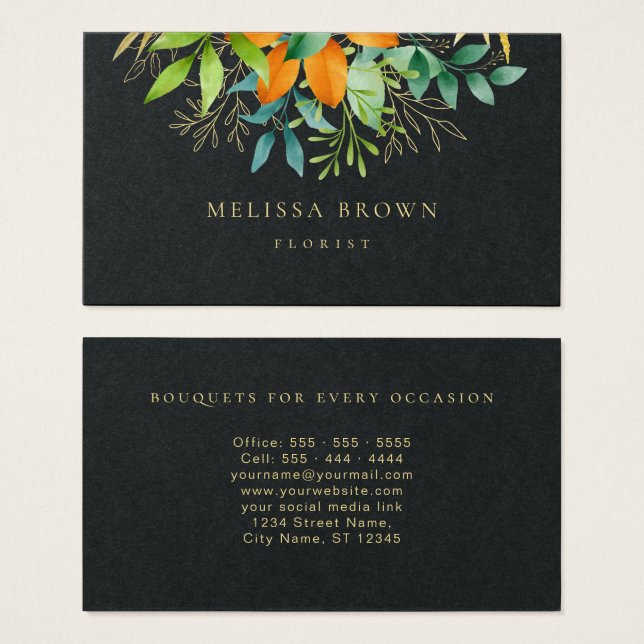 Cartes De Visite Elégant Aquarelle Verdure Botanique Luxe Noir (Devant & derrière)