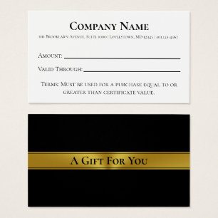 Cartes De Visite Élégant certificat cadeau Black White & Gold