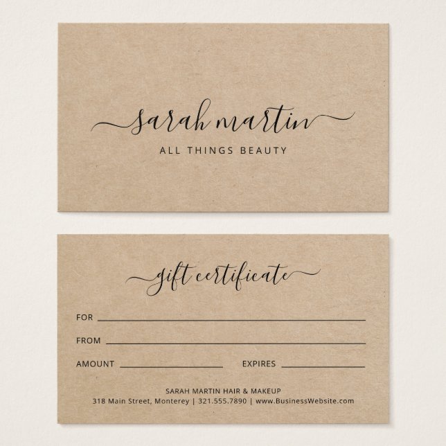 Cartes De Visite Élégant certificat cadeau Salon de beauté Brown (Devant & derrière)