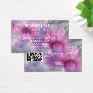 Cartes De Visite Elégant rose et pourpre Aquarelle Floral QR code