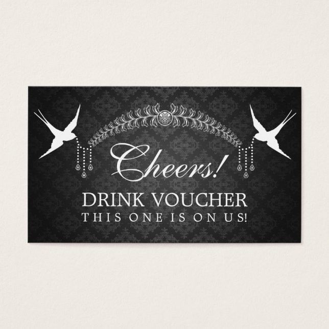 Cartes De Visite Élégant Voucher Boisson Oiseaux Monogramme Noir (Devant)