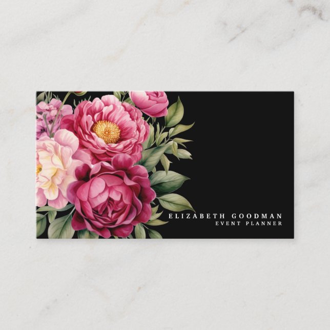 Cartes de visite élégantes Boho fleurs roses et no (Devant)