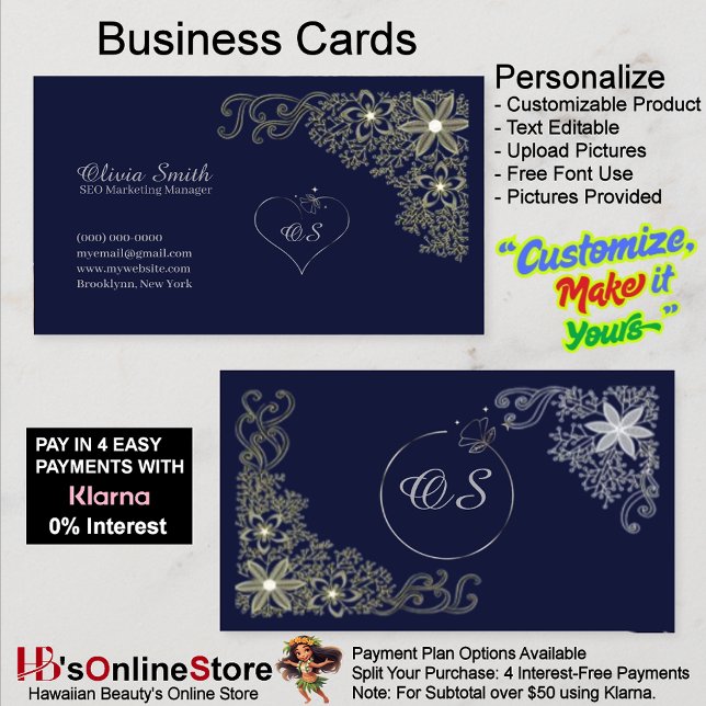 Cartes de visite élégantes personnalisables avec m (Customizable Elegant Navy Floral Business Cards 9.)