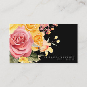 Cartes de visite élégantes rose jaune floral noir