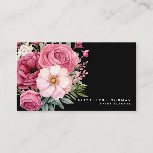 Cartes de visite élégants Boho rose et Fleurs noir (Devant)