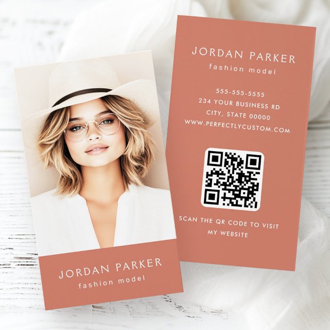 Cartes de visite en terre cuite à code QR photo mo (Photo QR code fashion terracotta business cards)