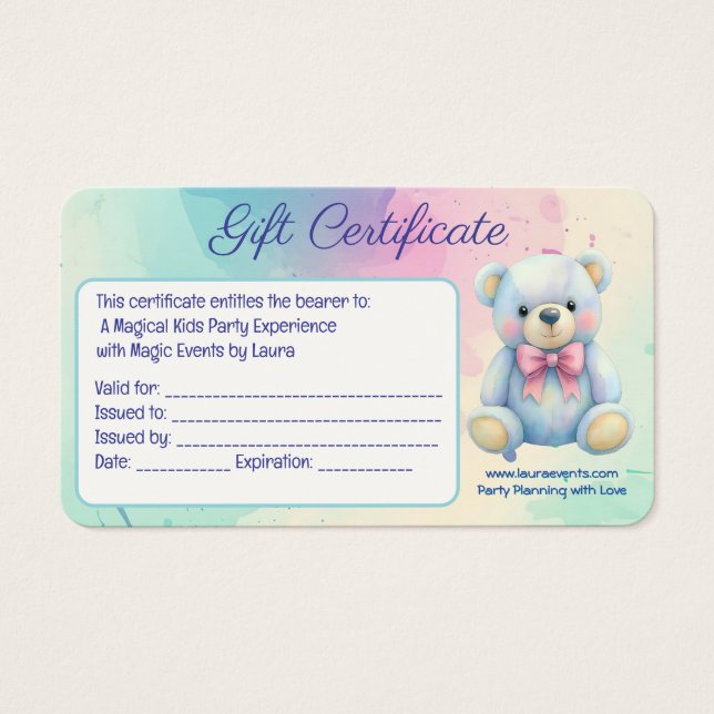 Cartes De Visite Enfants Planificateur de fête Pastel Teddy Bear Co (Devant)