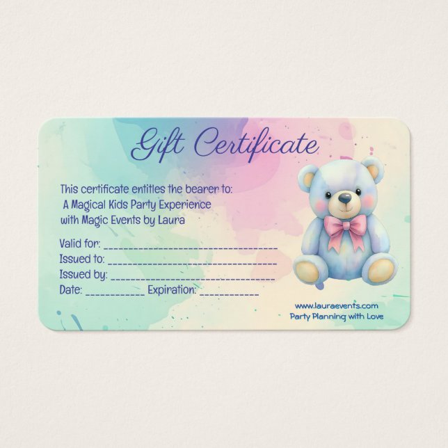 Cartes De Visite Enfants Planificateur de fête Pastel Teddy Bear Co (Devant)