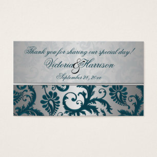 Cartes De Visite Étiquette Argent et Turquoise Damas II Wedding Fav
