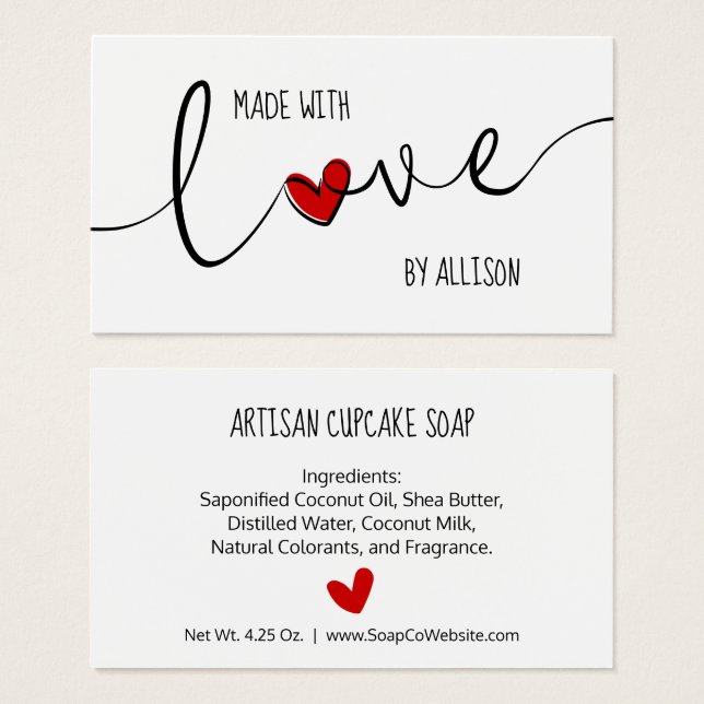 Cartes De Visite Étiquette Cadeau Rouge De Script De Coeur Fabriqué (Devant & derrière)