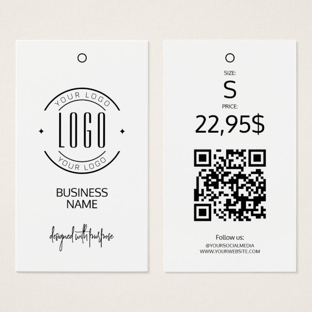 Cartes De Visite Étiquette de vêtement de code QR noir blanc de log (Devant & derrière)