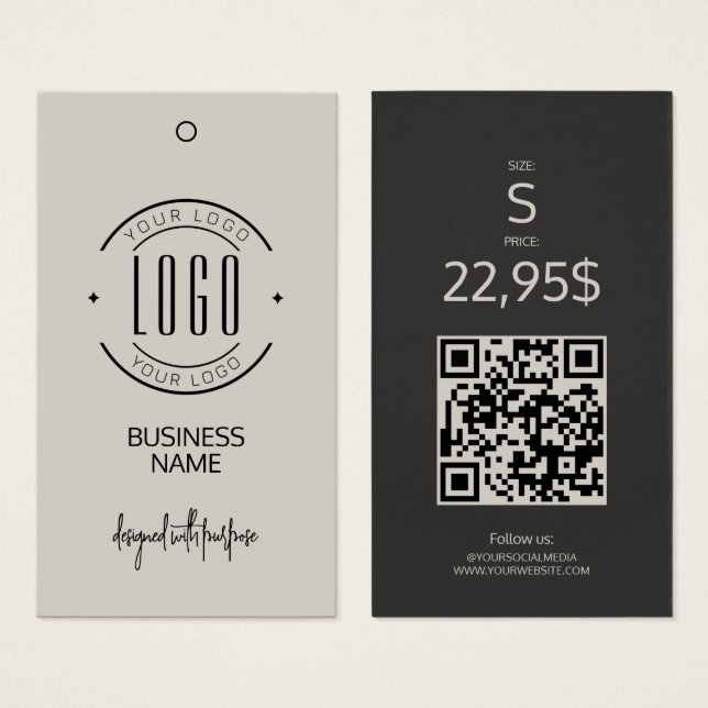 Cartes De Visite Étiquette de vêtement moderne avec code QR beige g (Devant & derrière)