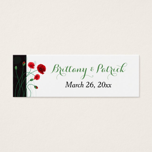 Cartes De Visite Étiquette Favor de mariage | Poppies rouges | Noir (Devant)