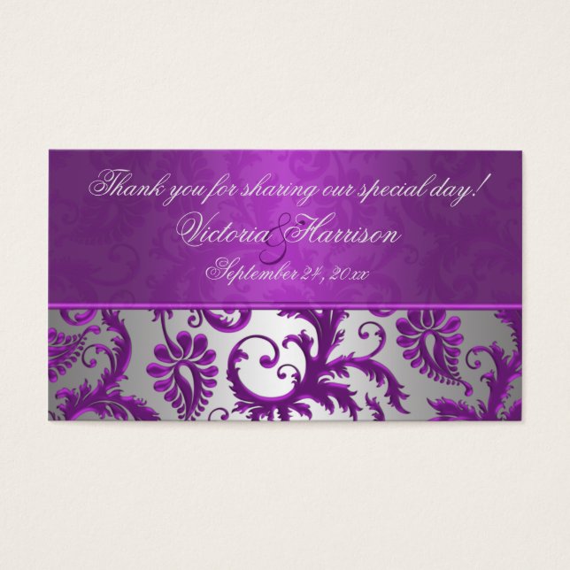 Cartes De Visite Étiquette Silver and Purple Damask II Wedding Favo (Devant)