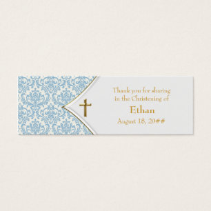 Cartes De Visite Étiquettes Bomboniere en Damas Bleu avec Croix Dor