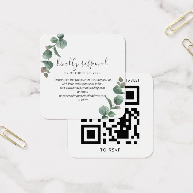 Cartes De Visite Eucalyptus Script Mariage de verdure QR Code RSVP (Bureau)