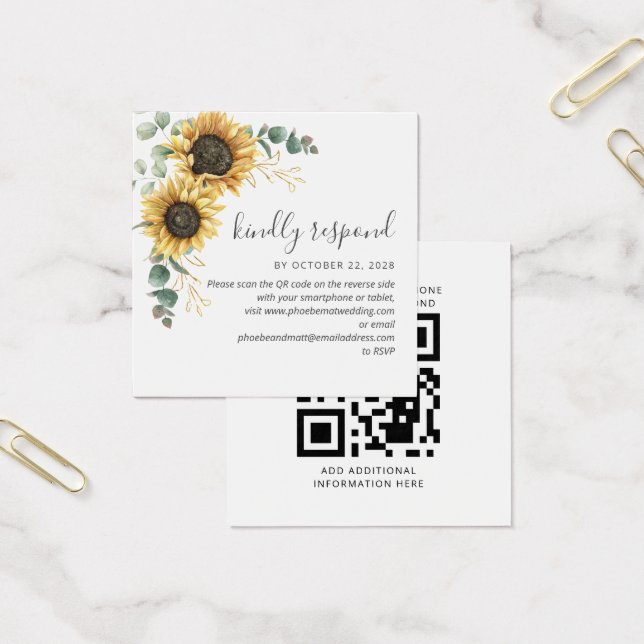 Cartes De Visite Eucalyptus Sunflower Wedding QR Code RSVP Card (Bureau)