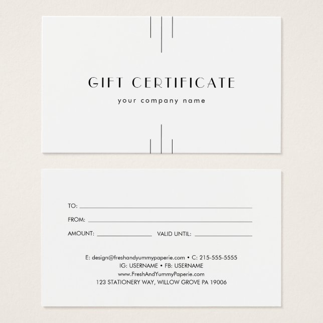 Cartes De Visite EVERLY Art Deco Minimal Business Gift Certificate (Devant & derrière)